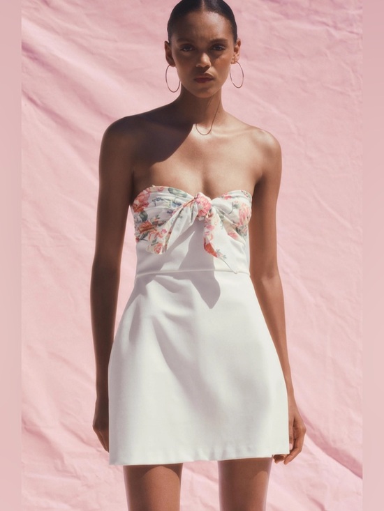 Zara Dresses & Skirts - ZARA Strapless White Mini Dress with Floral Tie Bust